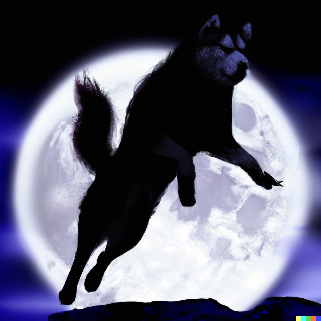 DALL·E 2023-04-15 18.07.00 - Digital art of a very large Siberian Husky jumping over a full moon on a clear night. A silhouette of Bigfoot scowling can be seen inside the moon..png