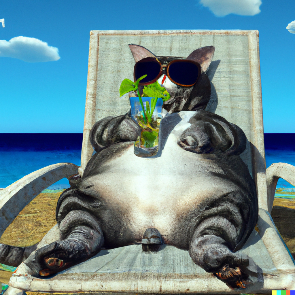 DALL·E 2023-04-15 18.16.42 - A digital rendering of a fat, lazy cat lounging at the beach on a beach lounge chair on a tropical island. The cat has aviator-style sunglasses on and.png
