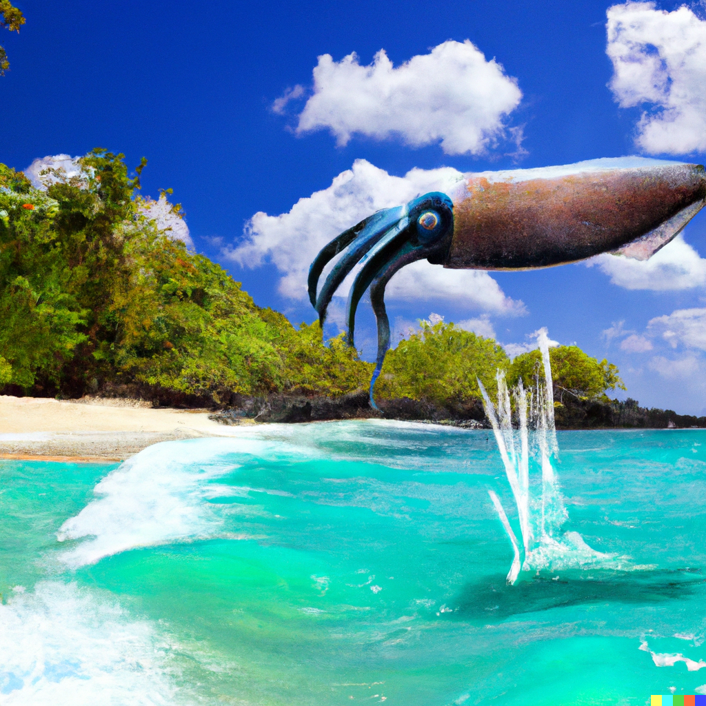 DALL·E 2023-04-15 18.43.50 - A photo of a pristine beach on a tropical island with a giant squid jumping out of the water..png