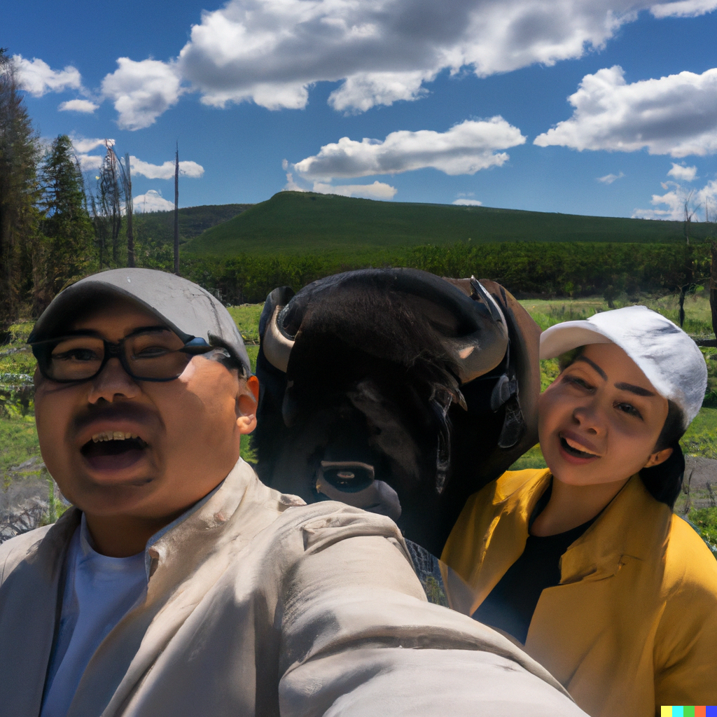 DALL·E 2023-04-15 18.53.11 - A photo of a Chinese man and woman posing for a selfie at Yellowstone National Park. In the background is a confused-looking Bison that is defecating..png