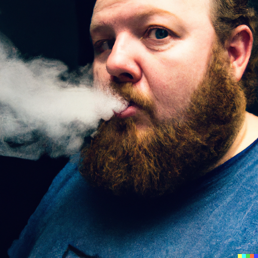 DALL·E 2023-04-15 19.22.09 - A fat white man, age 27, with a huge beard, vaping..png