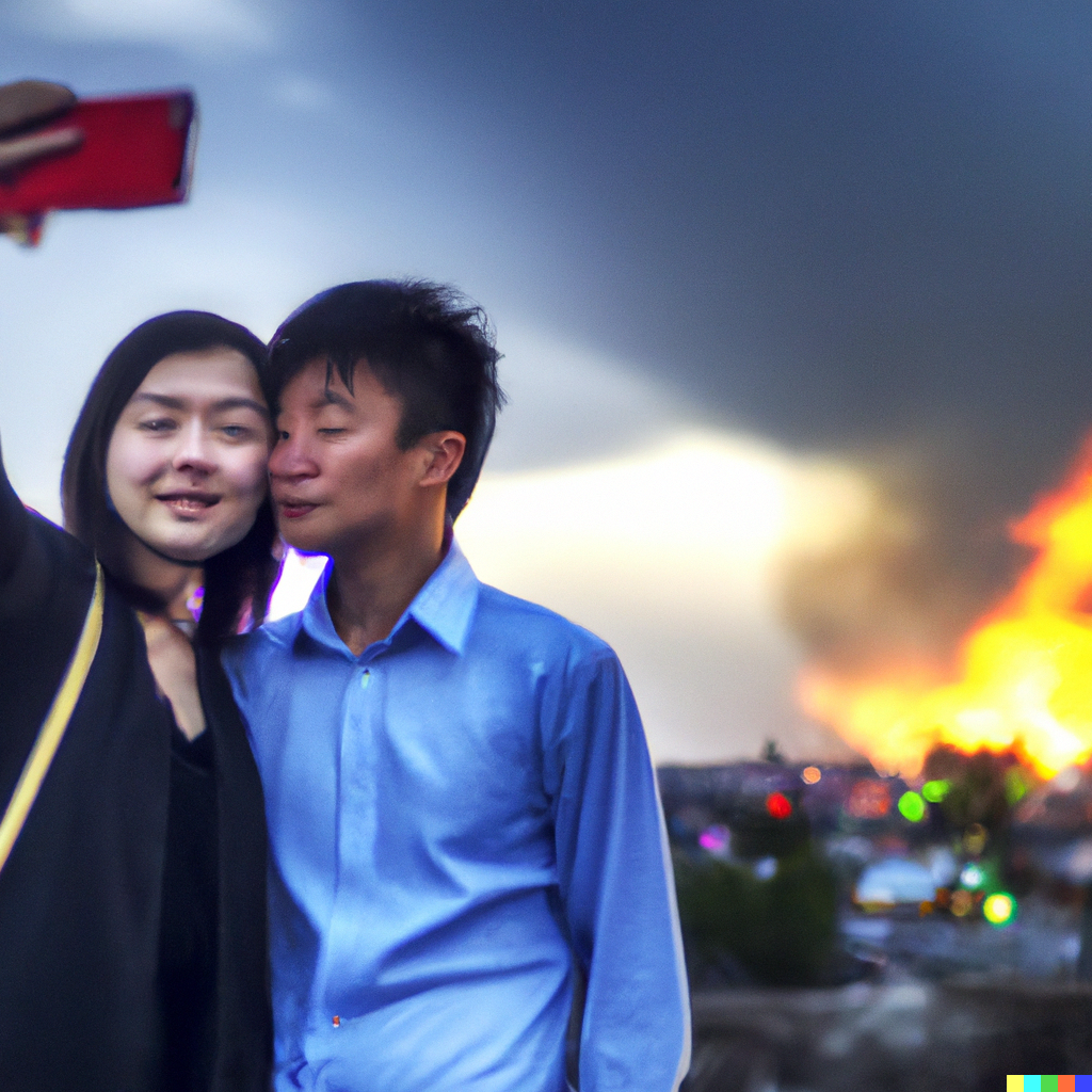 DALL·E 2023-04-15 19.26.23 - A Chinese man and woman posing for a selfie as the world burns in the background..png